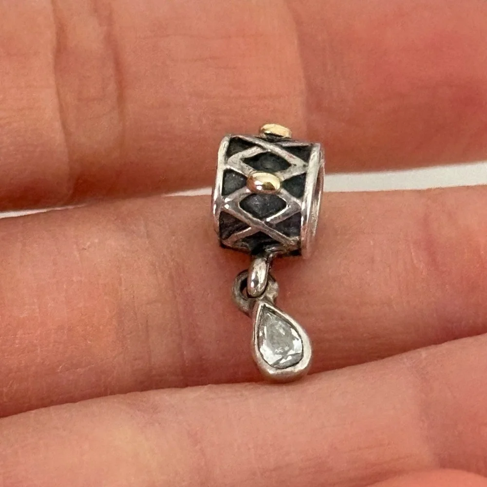 Pandora 925 & 14K Gold Two Tone Clear CZ One World Health Dangle Bead Charm